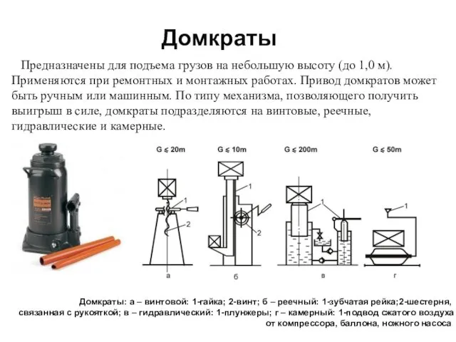 Домкраты Предназначены для подъема грузов на небольшую высоту (до 1,0 м).