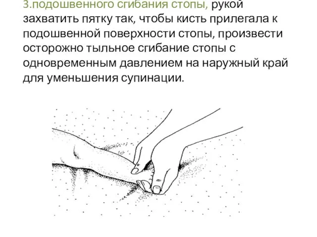 3.подошвенного сгибания стопы, рукой захватить пятку так, чтобы кисть прилегала к