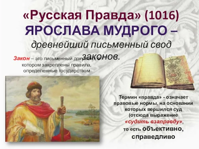 «Русская Правда» (1016) ЯРОСЛАВА МУДРОГО – древнейший письменный свод законов. Термин