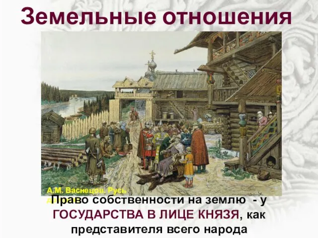 Земельные отношения Право собственности на землю - у ГОСУДАРСТВА В ЛИЦЕ КНЯЗЯ, как представителя всего народа