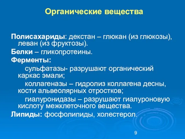 Органические вещества Полисахариды: декстан – глюкан (из глюкозы), леван (из фруктозы).