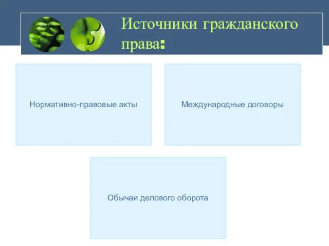 Источники гражданского права: Нормативно-правовые акты Международные договоры Обычаи делового оборота