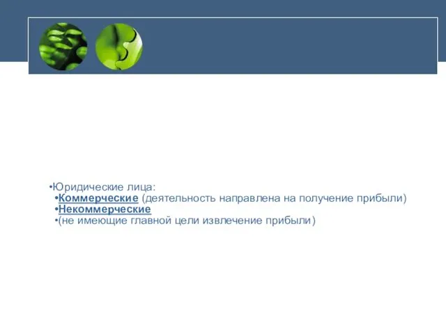 Юридические лица: Коммерческие (деятельность направлена на получение прибыли) Некоммерческие (не имеющие главной цели извлечение прибыли)