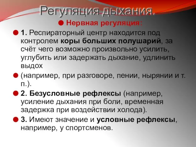 Регуляция дыхания. Нервная регуляция: 1. Респираторный центр находится под контролем коры