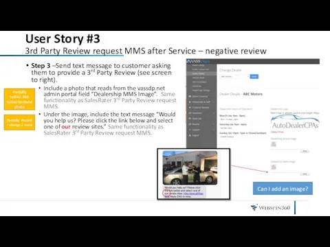 User Story #3 3rd Party Review request MMS after Service –