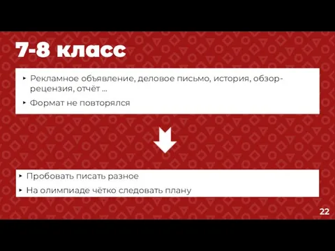 7-8 класс Рекламное объявление, деловое письмо, история, обзор-рецензия, отчёт … Формат