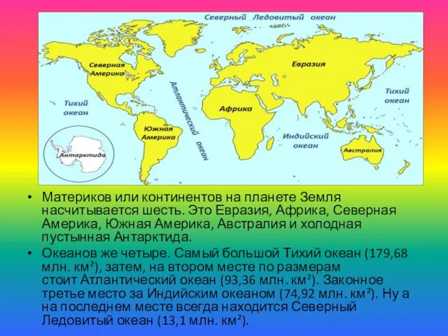 Материков или континентов на планете Земля насчитывается шесть. Это Евразия, Африка,