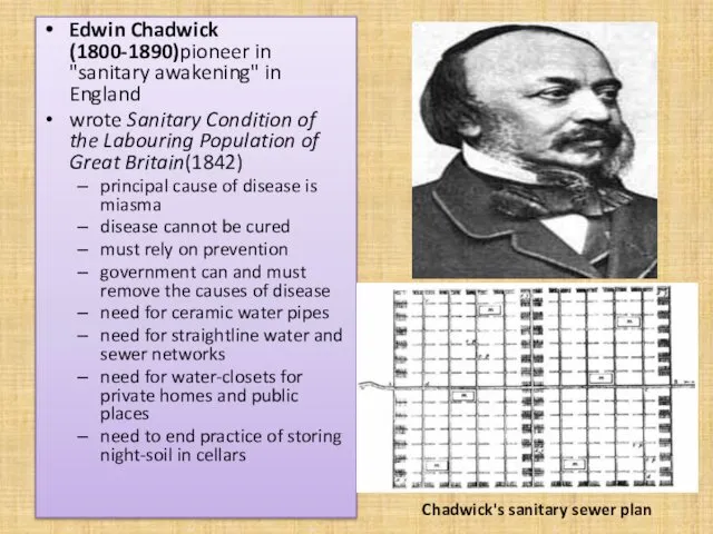 Edwin Chadwick (1800-1890)pioneer in "sanitary awakening" in England wrote Sanitary Condition