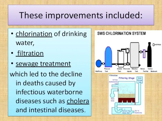 These improvements included: chlorination of drinking water, filtration sewage treatment which