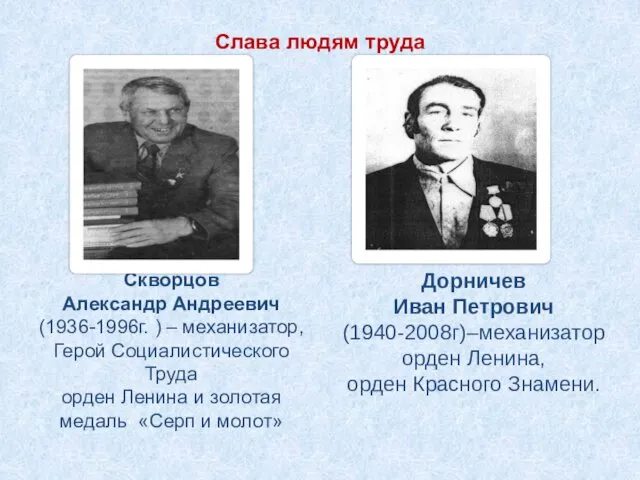 Слава людям труда Скворцов Александр Андреевич (1936-1996г. ) – механизатор, Герой