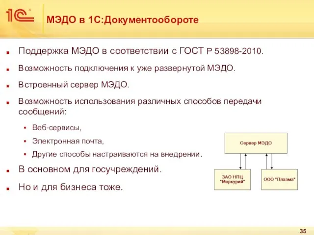 МЭДО в 1С:Документообороте Поддержка МЭДО в соответствии с ГОСТ Р 53898-2010.