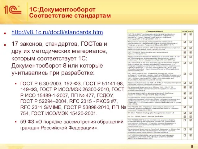 1С:Документооборот Соответствие стандартам http://v8.1c.ru/doc8/standards.htm 17 законов, стандартов, ГОСТов и других методических