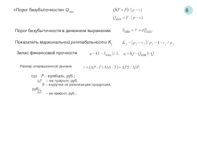 8 «Порог безубыточности» Qmin Порог безубыточности в денежном выражении Показатель маржинальной