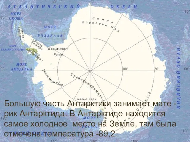 Большую часть Антарктики занимает мате - рик Антарктида. В Антарктиде находится