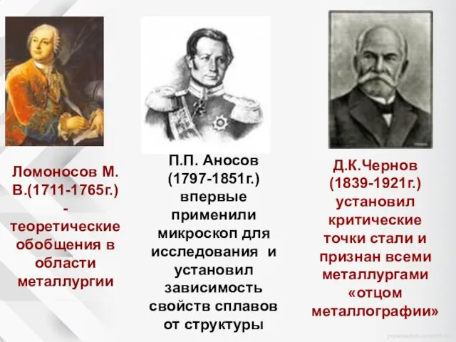 Ломоносов М.В.(1711-1765г.) - теоретические обобщения в области металлургии П.П. Аносов (1797-1851г.)