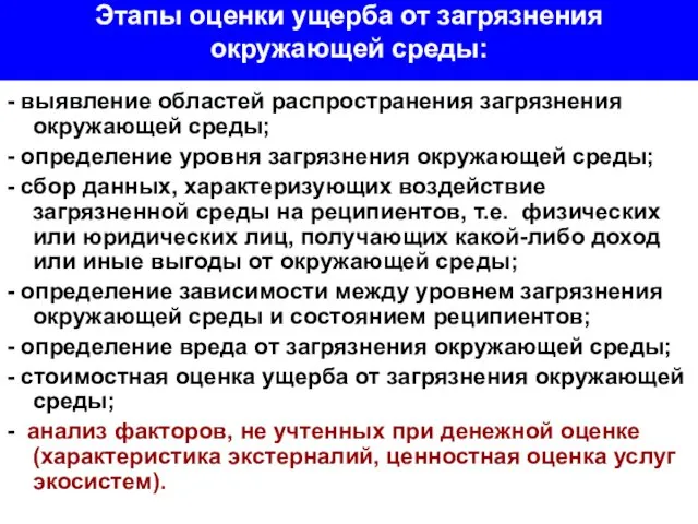 Этапы оценки ущерба от загрязнения окружающей среды: - выявление областей распространения