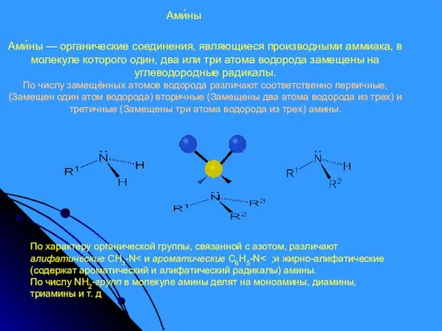 Ами́ны — органические соединения, являющиеся производными аммиака, в молекуле которого один,