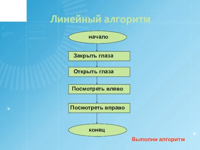 Линейный алгоритм начало Закрыть глаза Открыть глаза Посмотреть влево Посмотреть вправо конец Выполни алгоритм