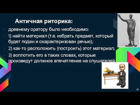 Античная риторика: древнему оратору было необходимо: 1) найти материал (т.е. избрать