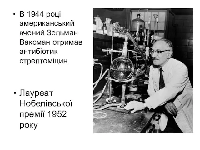 В 1944 році американський вчений Зельман Ваксман отримав антибіотик стрептоміцин. Лауреат Нобелівської премії 1952 року
