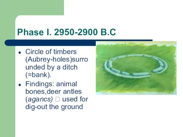 Phase I. 2950-2900 B.C Circle of timbers (Aubrey-holes)surrounded by a ditch