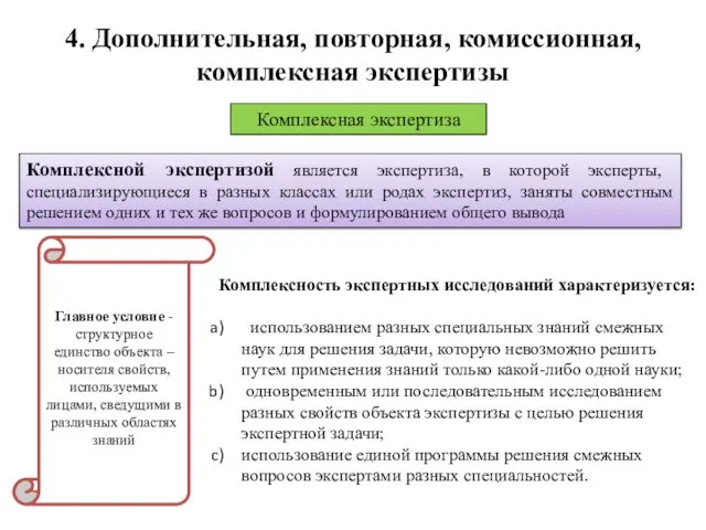 4. Дополнительная, повторная, комиссионная, комплексная экспертизы Комплексная экспертиза Комплексной экспертизой является