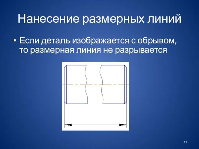 Нанесение размерных линий Если деталь изображается с обрывом, то размерная линия не разрывается