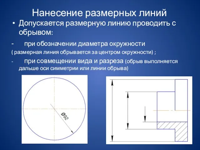 Нанесение размерных линий Допускается размерную линию проводить с обрывом: - при