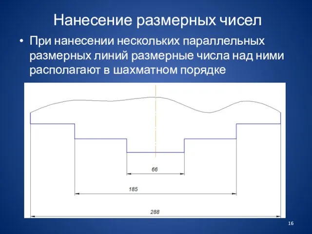 Нанесение размерных чисел При нанесении нескольких параллельных размерных линий размерные числа