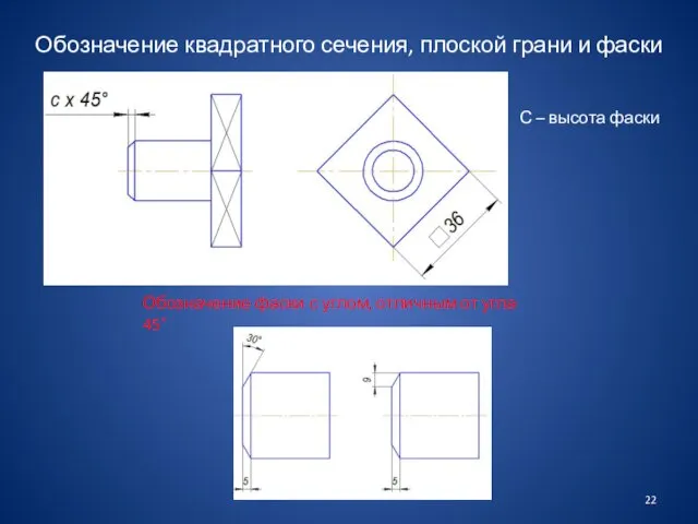 Обозначение квадратного сечения, плоской грани и фаски С – высота фаски