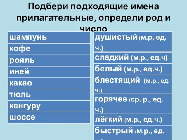 Подбери подходящие имена прилагательные, определи род и число