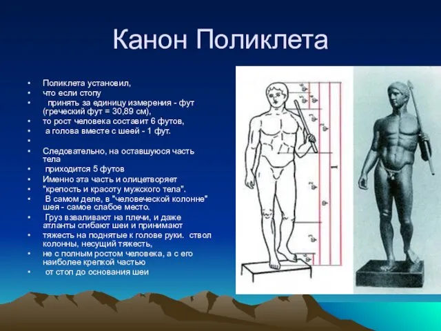 Канон Поликлета Поликлета установил, что если стопу принять за единицу измерения