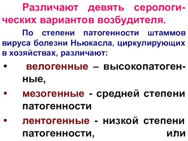 Различают девять серологи-ческих вариантов возбудителя. По степени патогенности штаммов вируса болезни