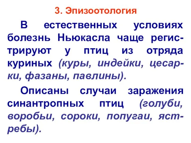 3. Эпизоотология В естественных условиях болезнь Ньюкасла чаще регис-трируют у птиц