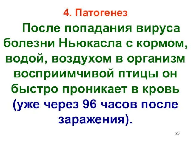 4. Патогенез После попадания вируса болезни Ньюкасла с кормом, водой, воздухом