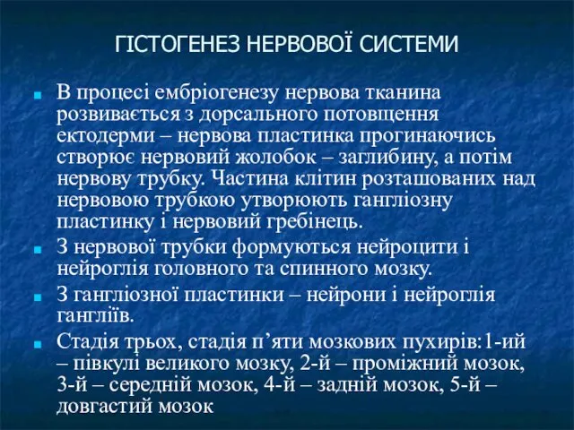 ГІСТОГЕНЕЗ НЕРВОВОЇ СИСТЕМИ В процесі ембріогенезу нервова тканина розвивається з дорсального