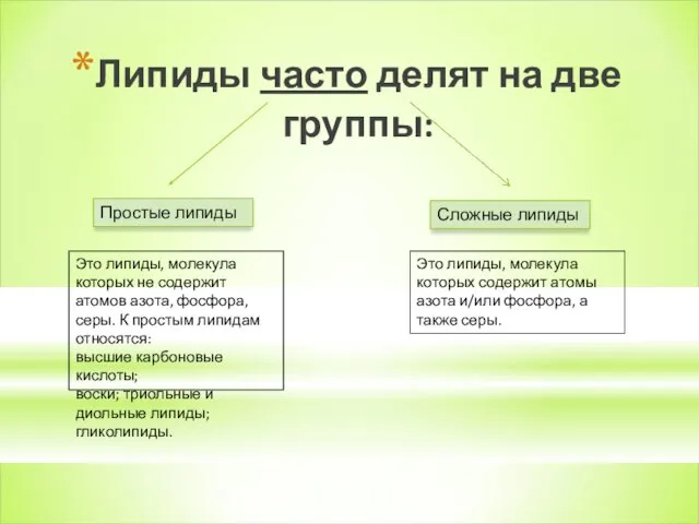 Липиды часто делят на две группы: Простые липиды Сложные липиды Это