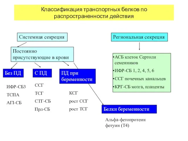 Классификация транспортных белков по распространенности действия Системная секреция Постоянно присутствующие в