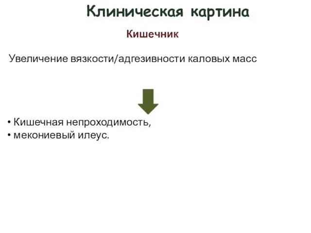 Клиническая картина Кишечник Увеличение вязкости/адгезивности каловых масс Кишечная непроходимость, мекониевый илеус.