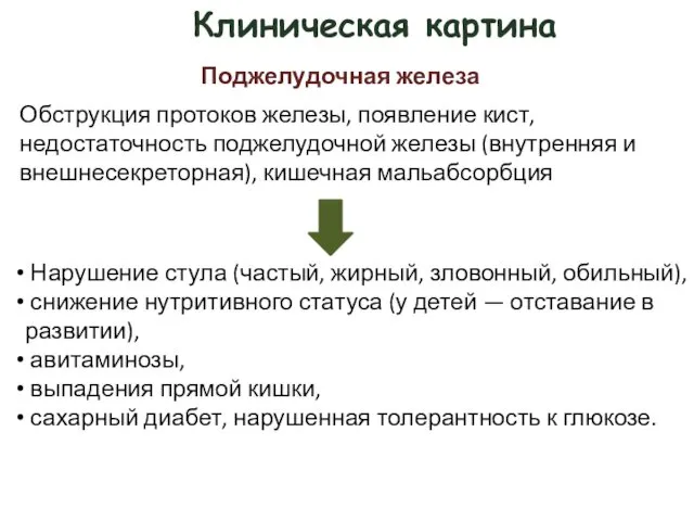 Клиническая картина Поджелудочная железа Обструкция протоков железы, появление кист, недостаточность поджелудочной