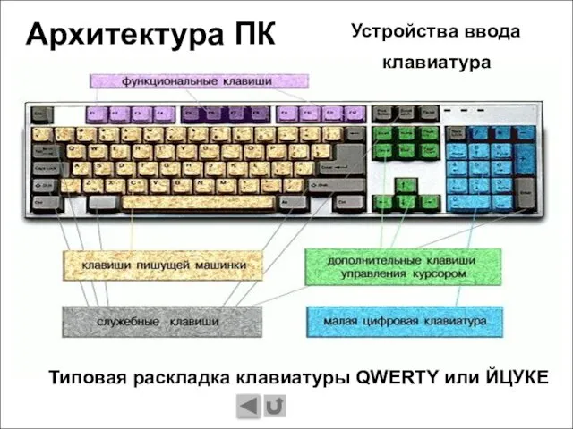 Типовая раскладка клавиатуры QWERTY или ЙЦУКЕ Архитектура ПК Устройства ввода клавиатура