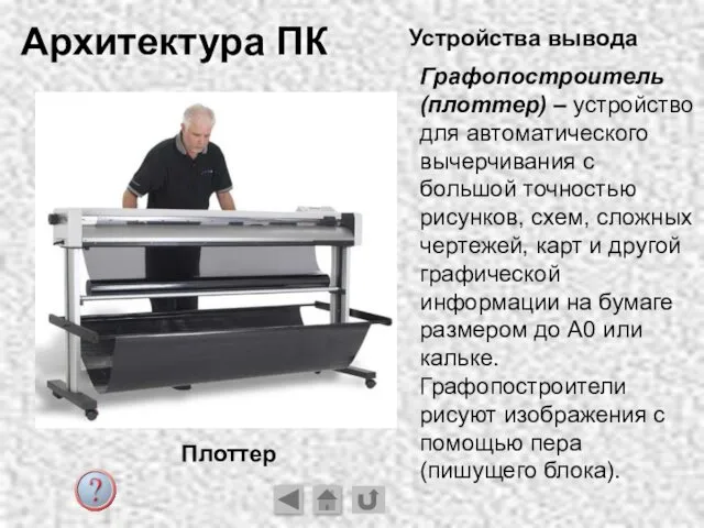 Архитектура ПК Устройства вывода Плоттер Графопостроитель (плоттер) – устройство для автоматического