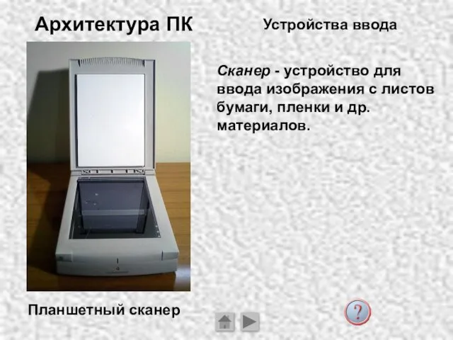 Архитектура ПК Устройства ввода Планшетный сканер Сканер - устройство для ввода