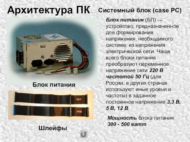 Блок питания Шлейфы Системный блок (case PC) Архитектура ПК Мощность блока