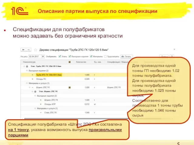 Описание партии выпуска по спецификации Спецификации для полуфабрикатов можно задавать без