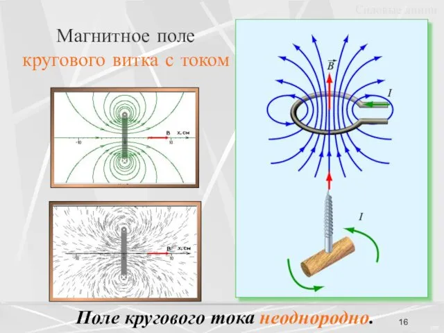 Магнитное поле кругового витка с током Поле кругового тока неоднородно. Силовые линии