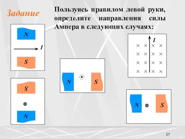 Задание Пользуясь правилом левой руки, определите направления силы Ампера в следующих