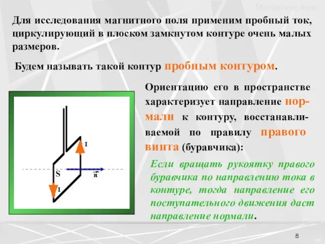 Для исследования магнитного поля применим пробный ток, циркулирующий в плоском замкнутом