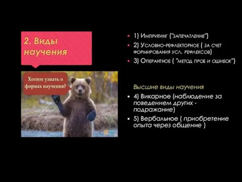 2. Виды научения 1) Импритинг ("запечатление") 2) Условно-рефлекторное ( за счет