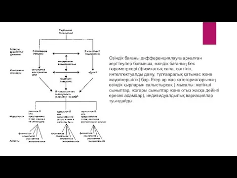 Өзіндік бағаны дифференциялауға арналған зерттеулер бойынша, өзіндік бағаның бес параметрлері (физикалық